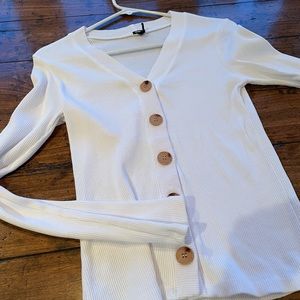 Monrow White Ribbed Shirt with wood buttons.